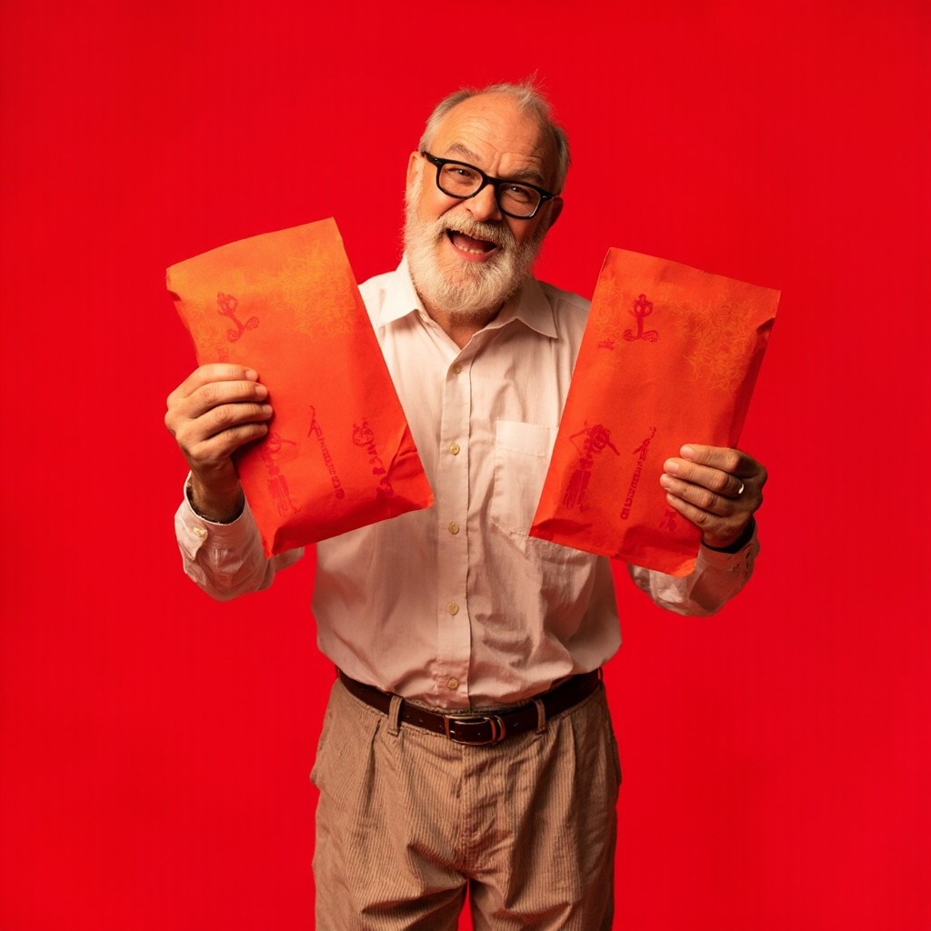 The Excited Man Holding a Giant Red Envelope