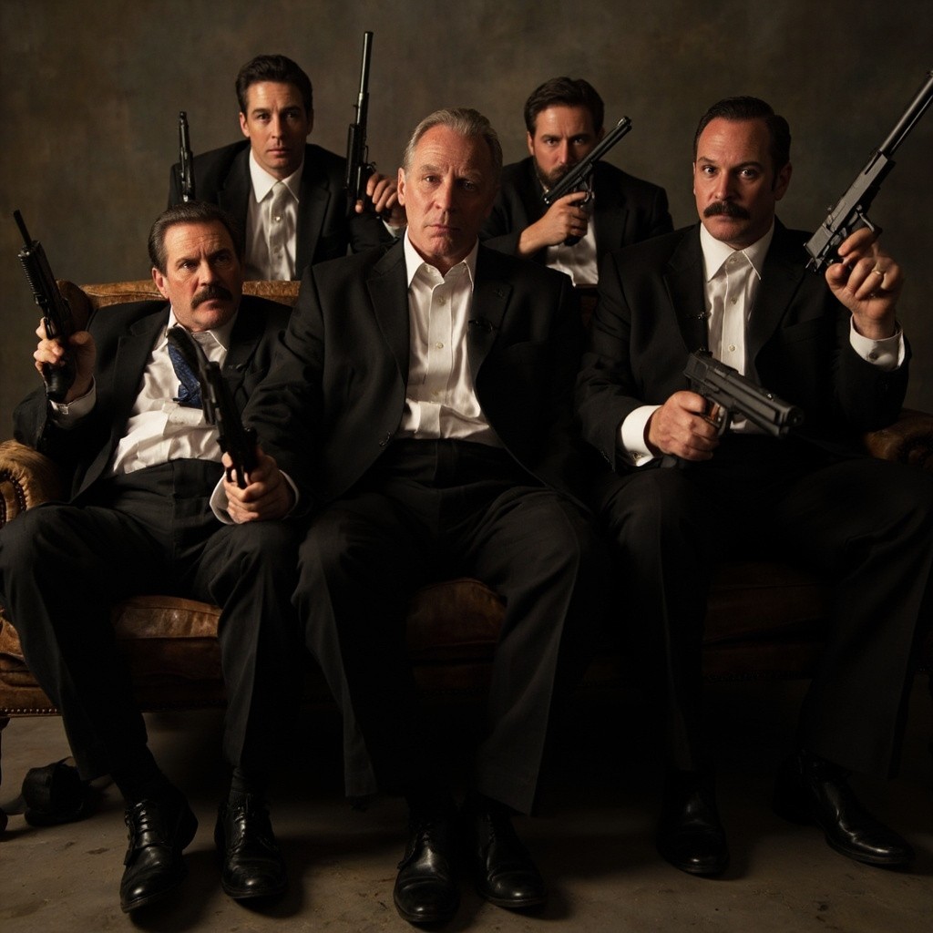 The Five Men Holding Guns, Sitting on Sofa