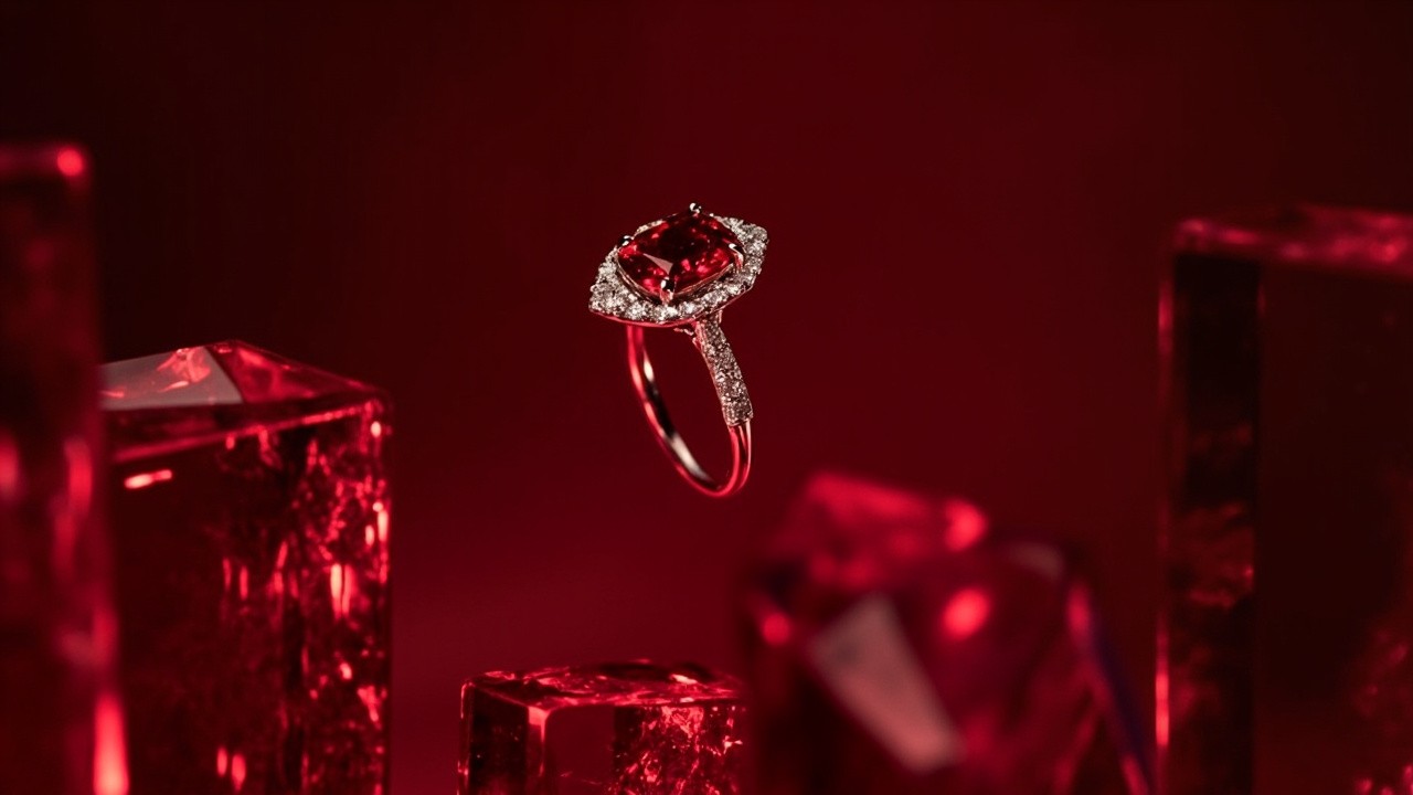 The Floating Ruby Ring Amidst Red Crystal Blocks