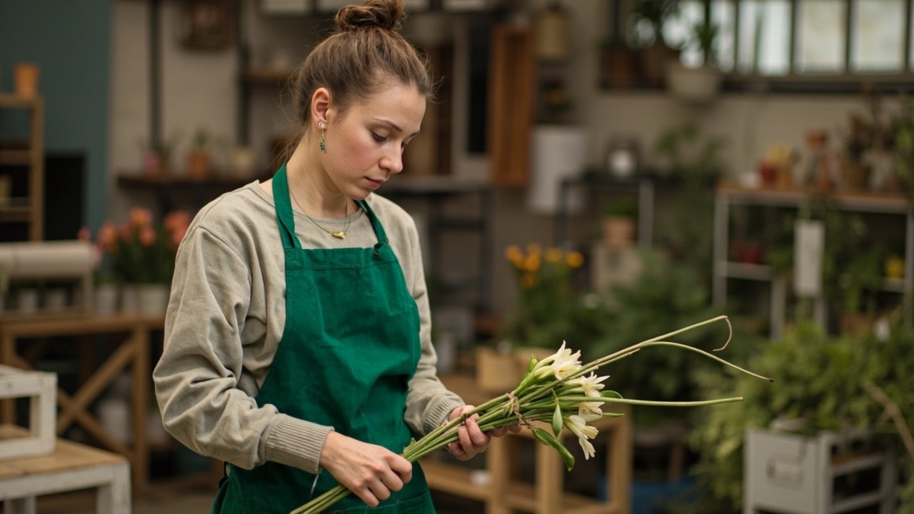 The Florist Trimming Flowers in Her Workshop