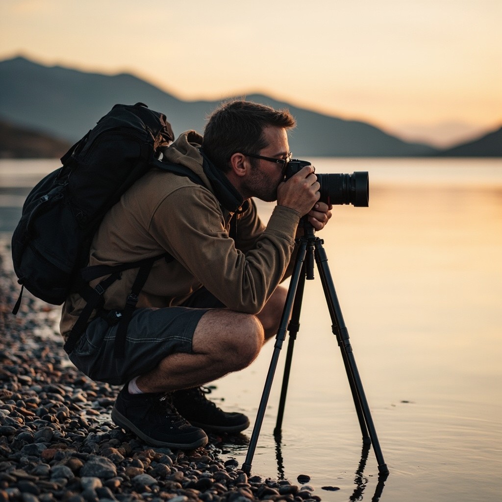 The Focused Photographer on Pebbled Shore at Sunset
