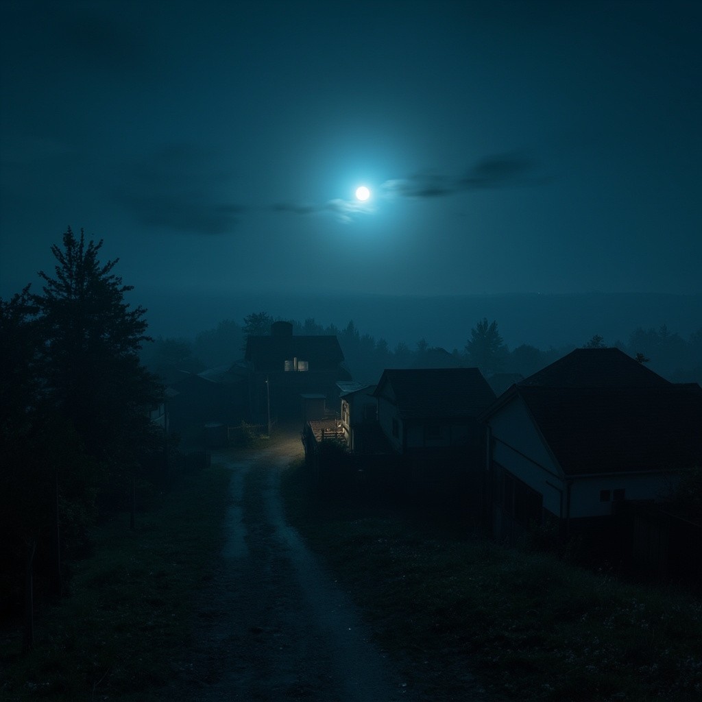 The Foggy Village Under Moonlight at Night