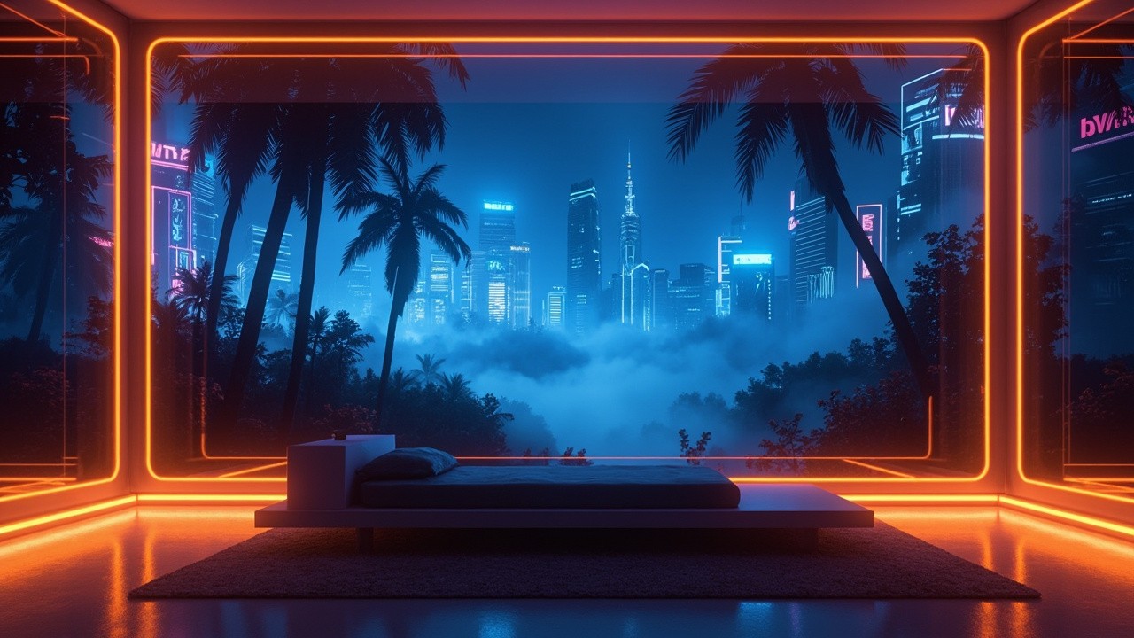 The Futuristic Bedroom Overlooking Cyberpunk City Skyline