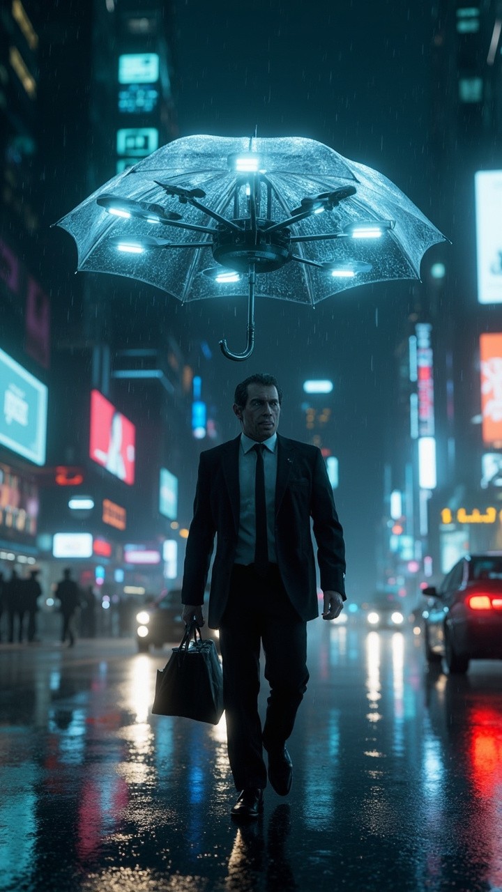The Futuristic Drone-Umbrella Protects Businessman in City Rain