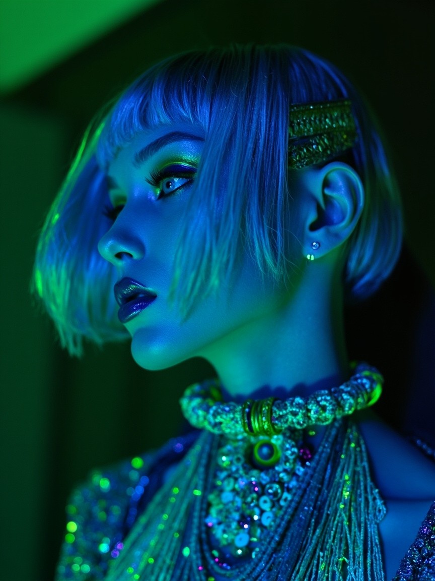 The Futuristic Model in Neon and Metallic Blue