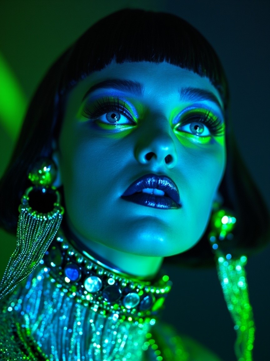 The Futuristic Model with Metallic Blue Skin and Neon Lights