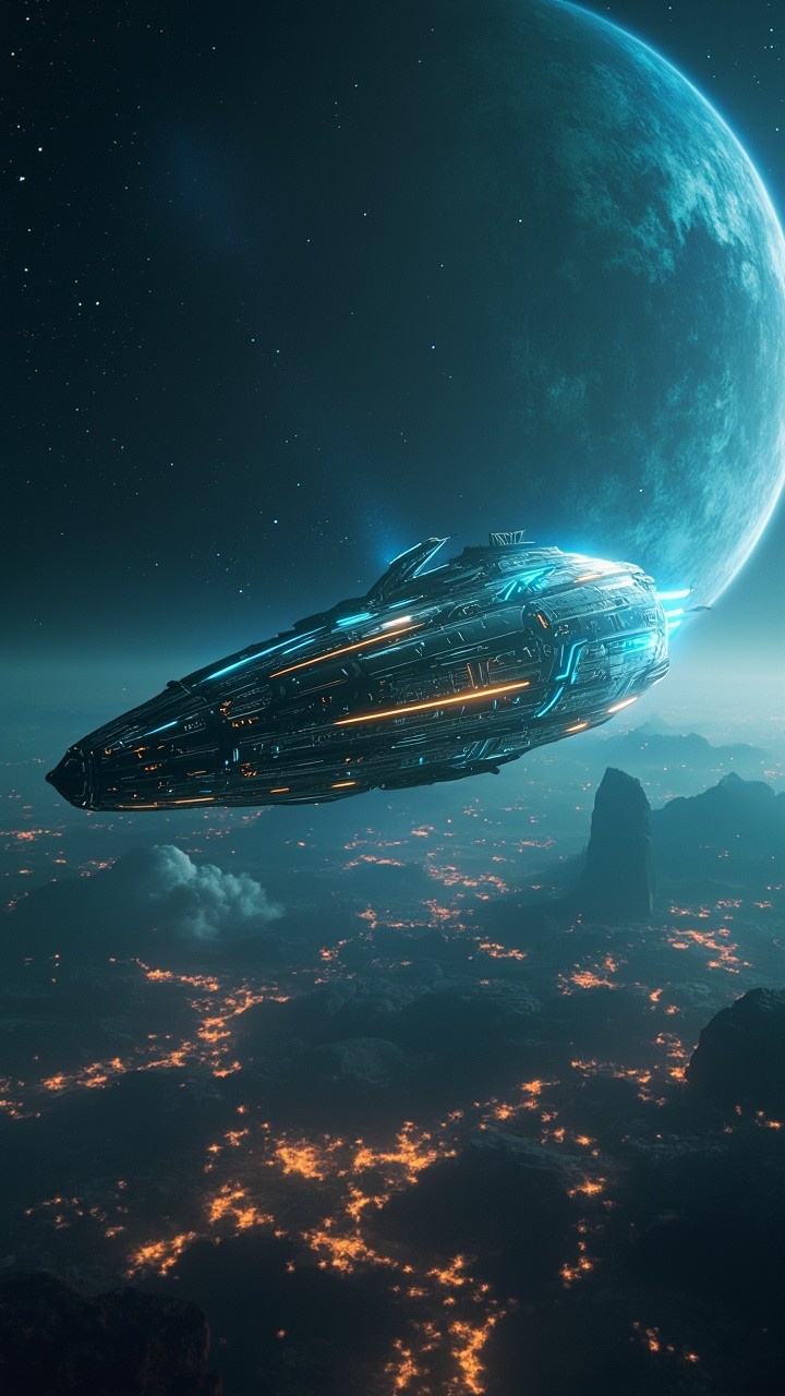 The Futuristic Spaceship Over Alien Cityscape at Night