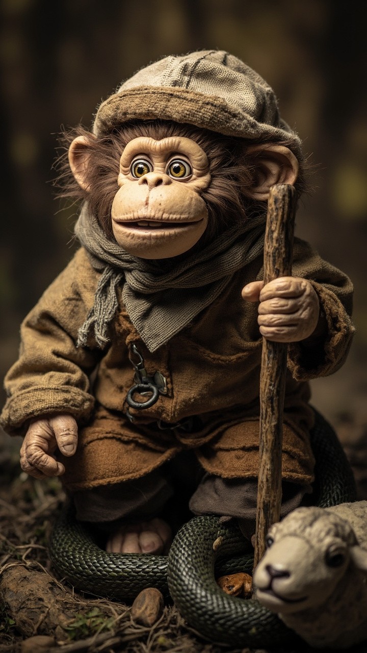 The Gentle Heroic Monkey and Snake in Forest