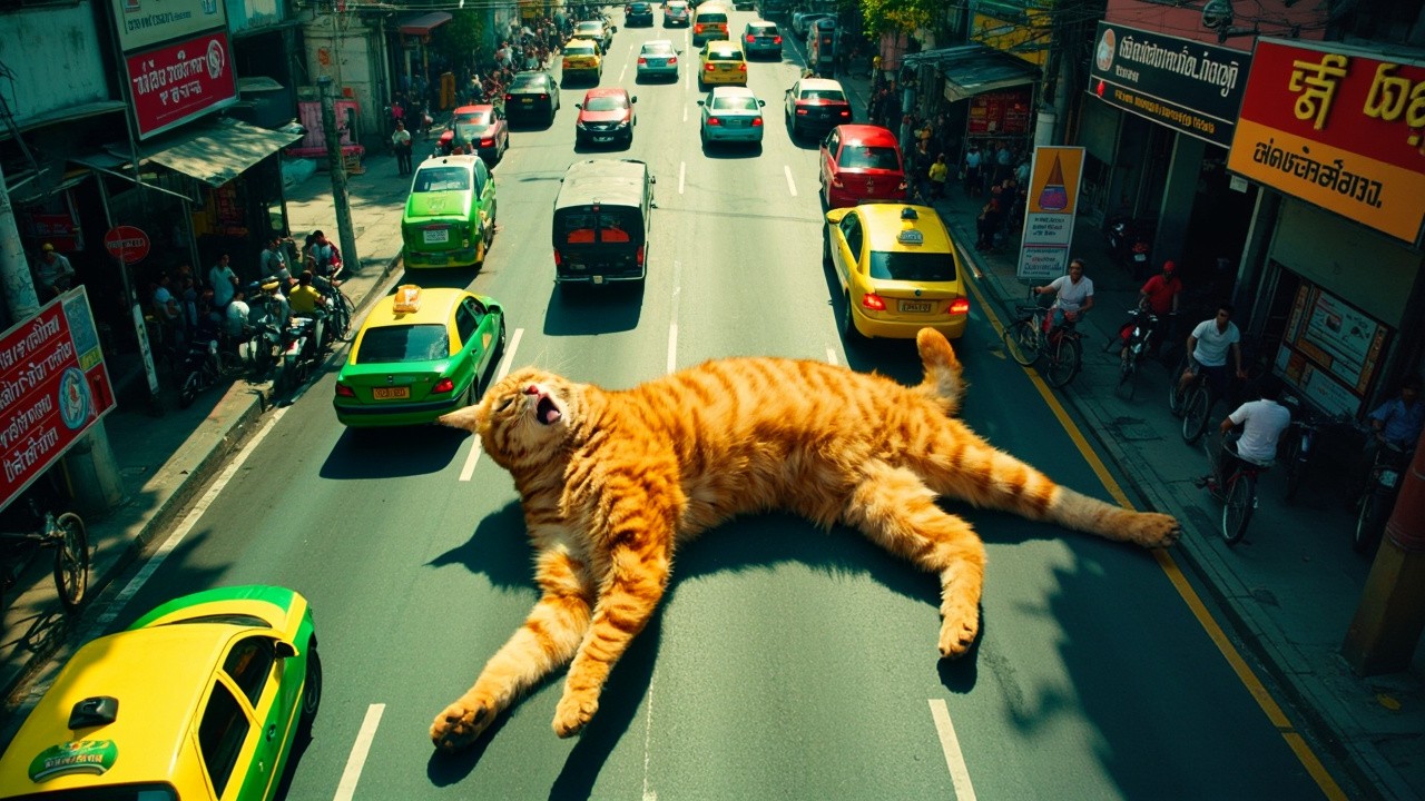 The Giant Singing Cat Amidst Bangkok's Traffic Jam
