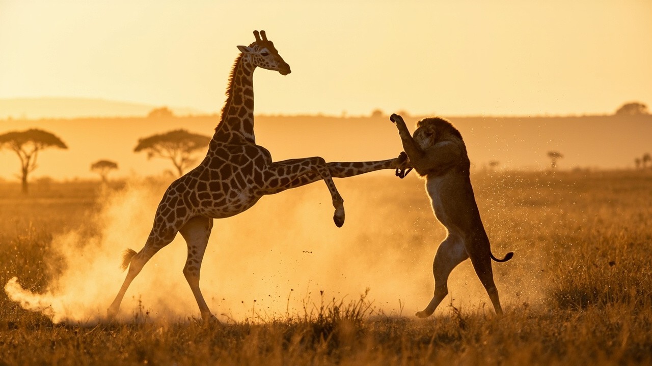 The Giraffe Defending Against A Lion in Savannah