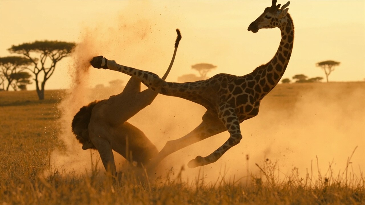 The Giraffe Powerfully Defends Against Lion Attack