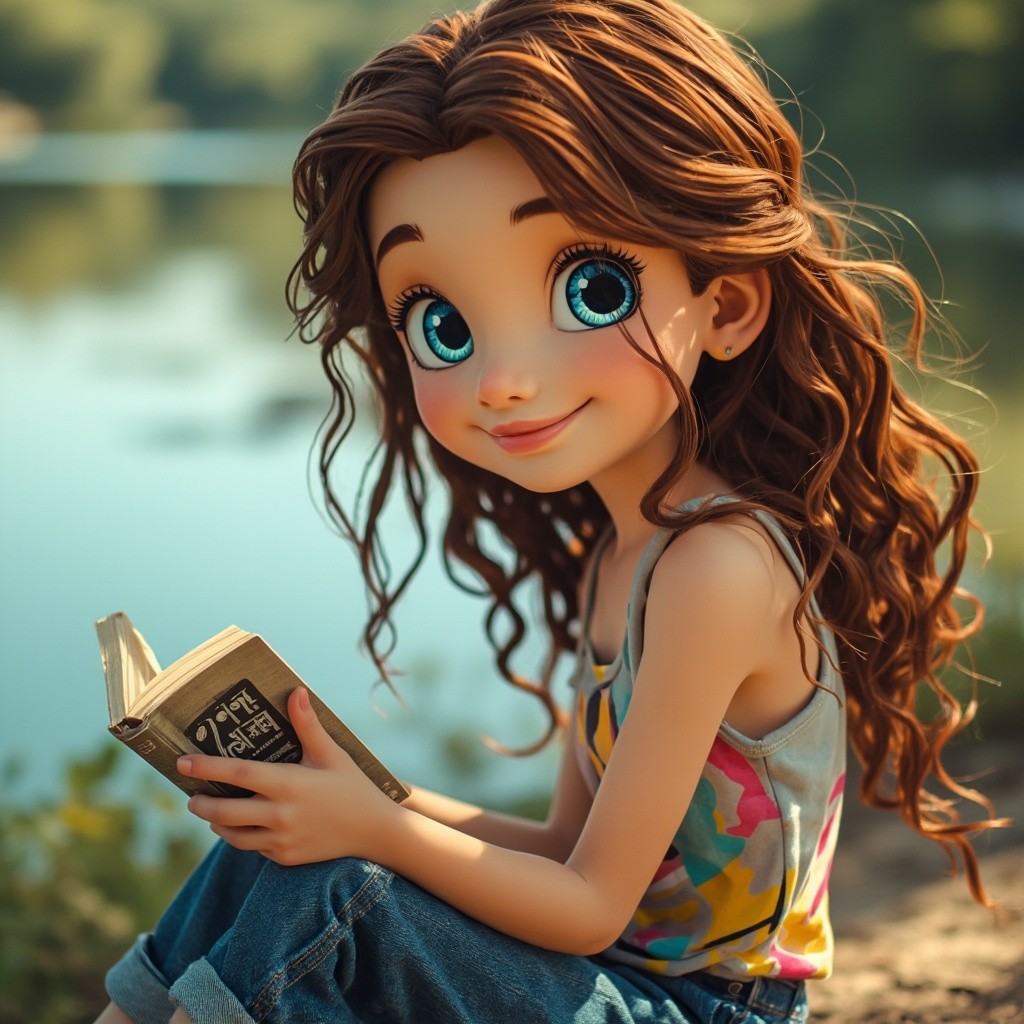The Girl Reading by the River with Blue Eyes