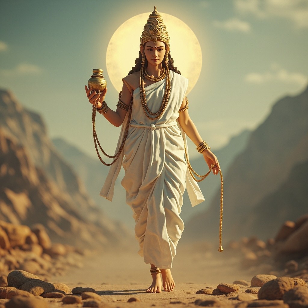 The Goddess Brahmacharini Walking Serenely in Mountains