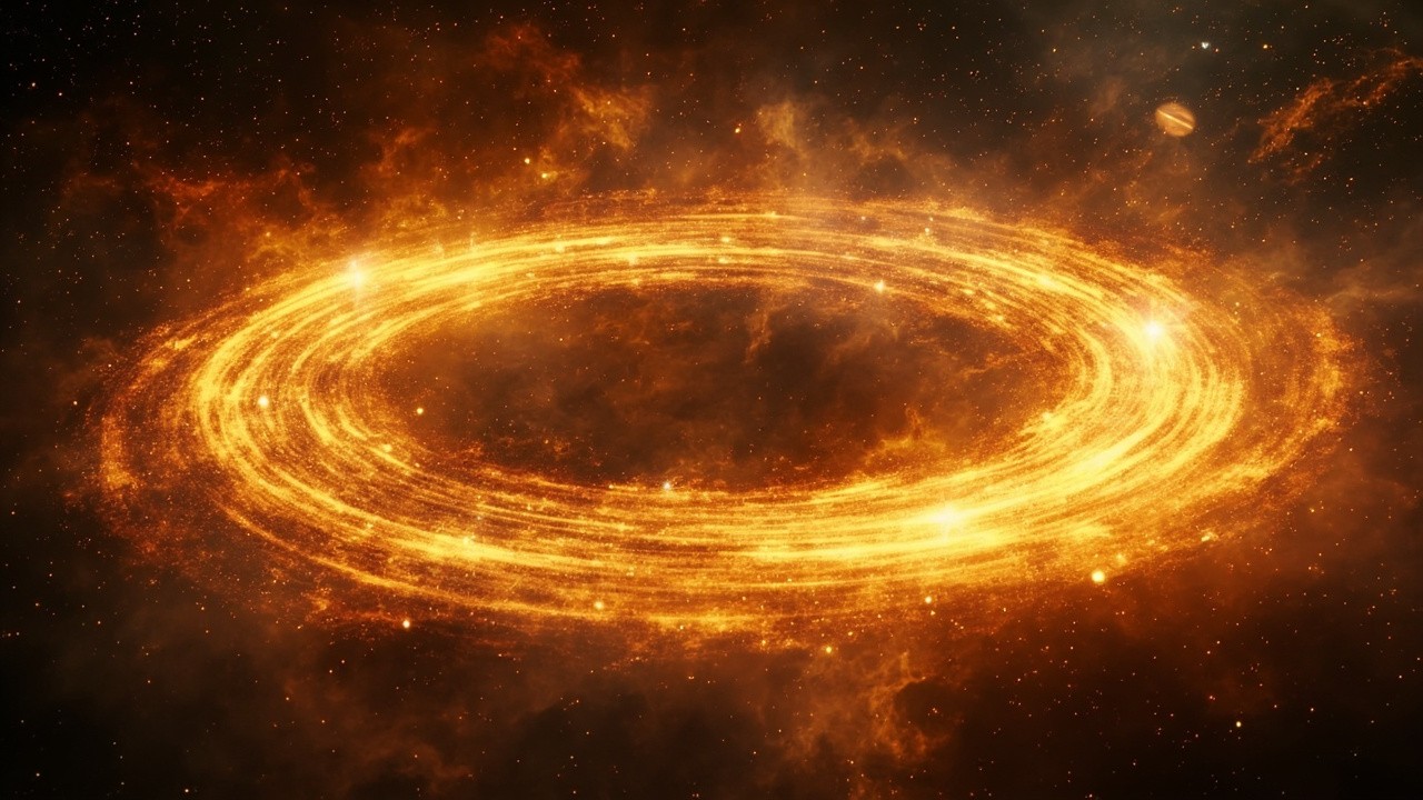 The Golden Cosmic Ring amidst Glowing Galaxy