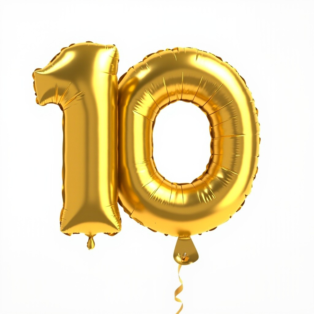 The Golden Number Ten Balloon on White Background