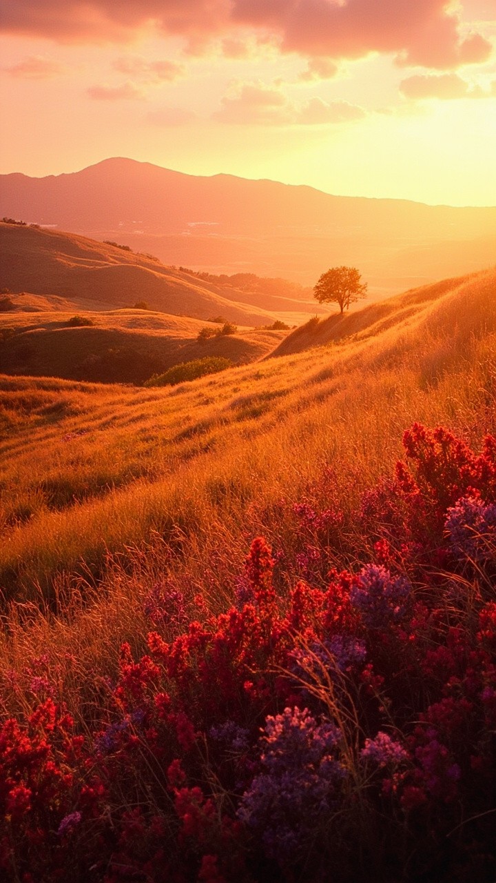 The Golden Valley at Sunset with Colorful Wildflowers