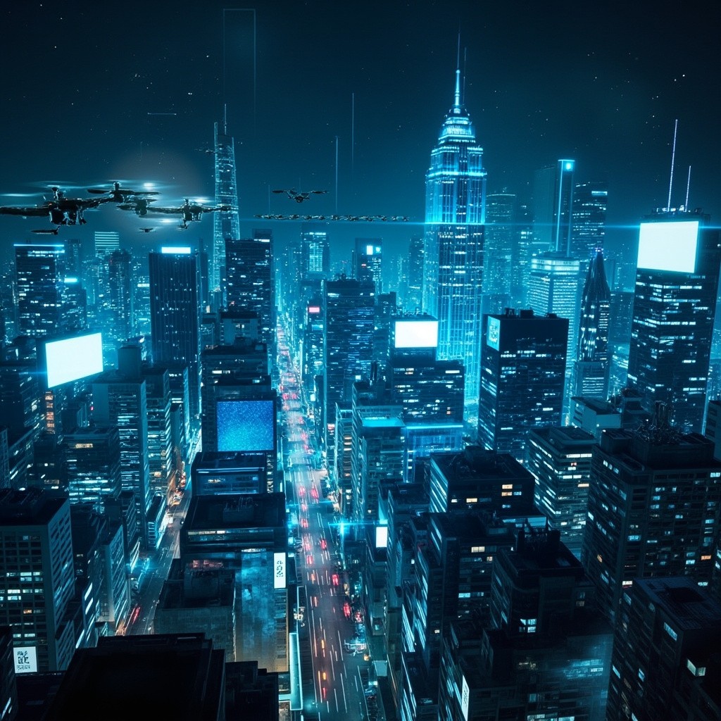 The Holographic Night City with Drones and Data