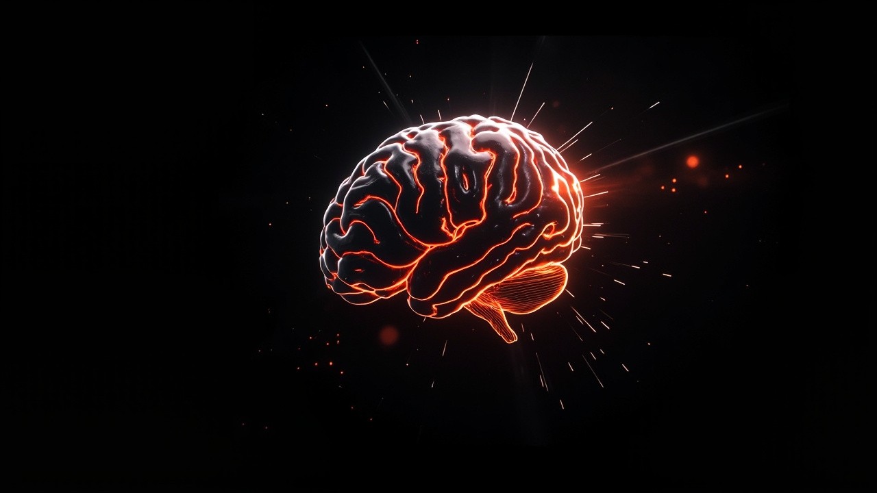 The Hovering Neon Holographic Brain in Darkness