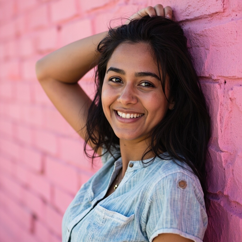 The Indian-American Lady Against a Pink Wall