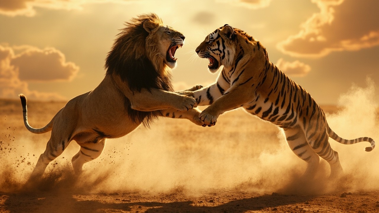 The Intense Lion and Tiger Mid-Leap Battle
