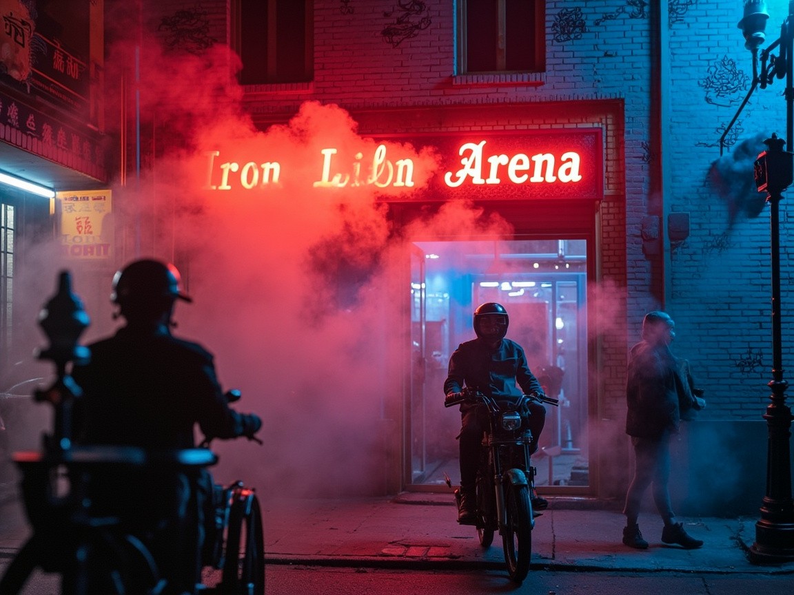 The Iron Lion Arena: Mysterious Steampunk Night Scene