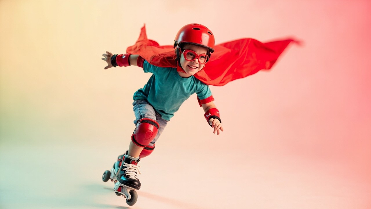The Joyful Boy Skating with Red Superhero Cape