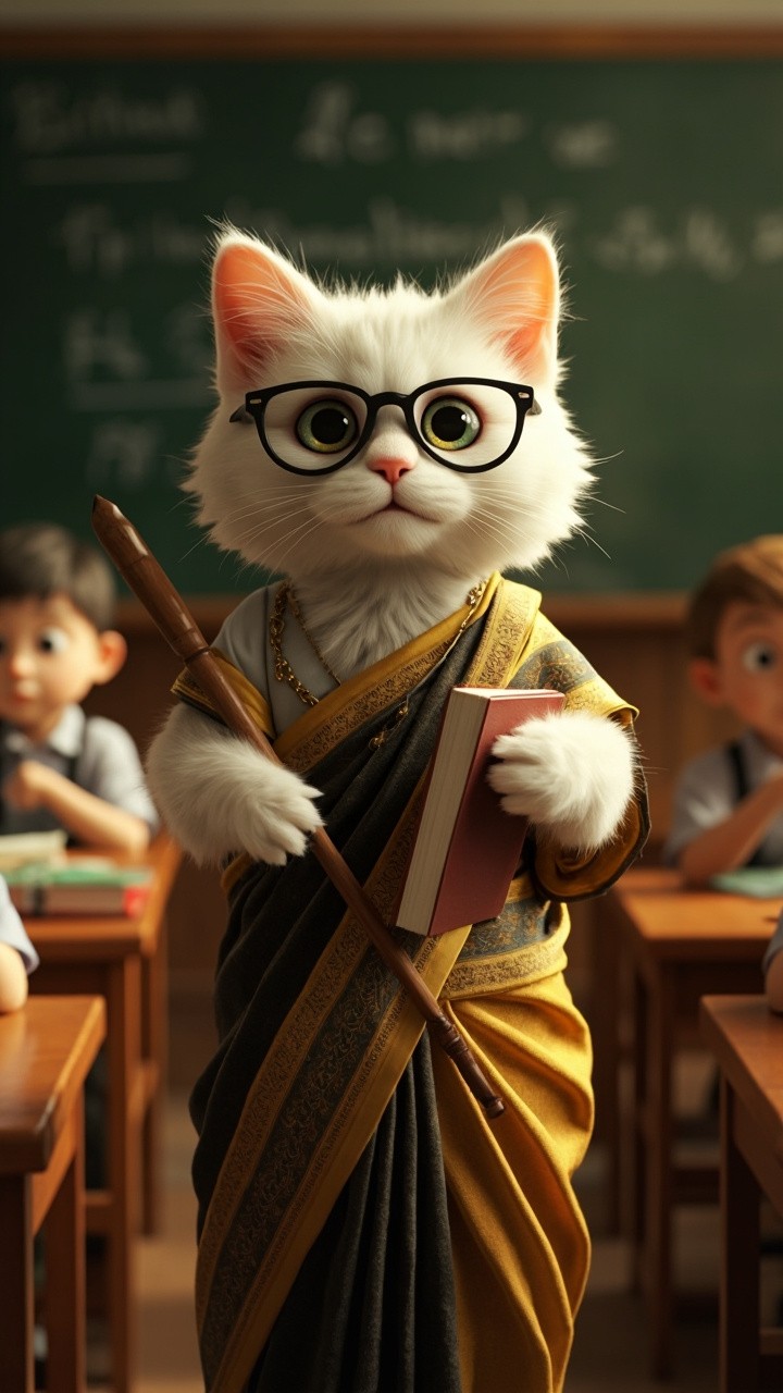 The Kindly Cat Teacher in Vintage Classroom Scene