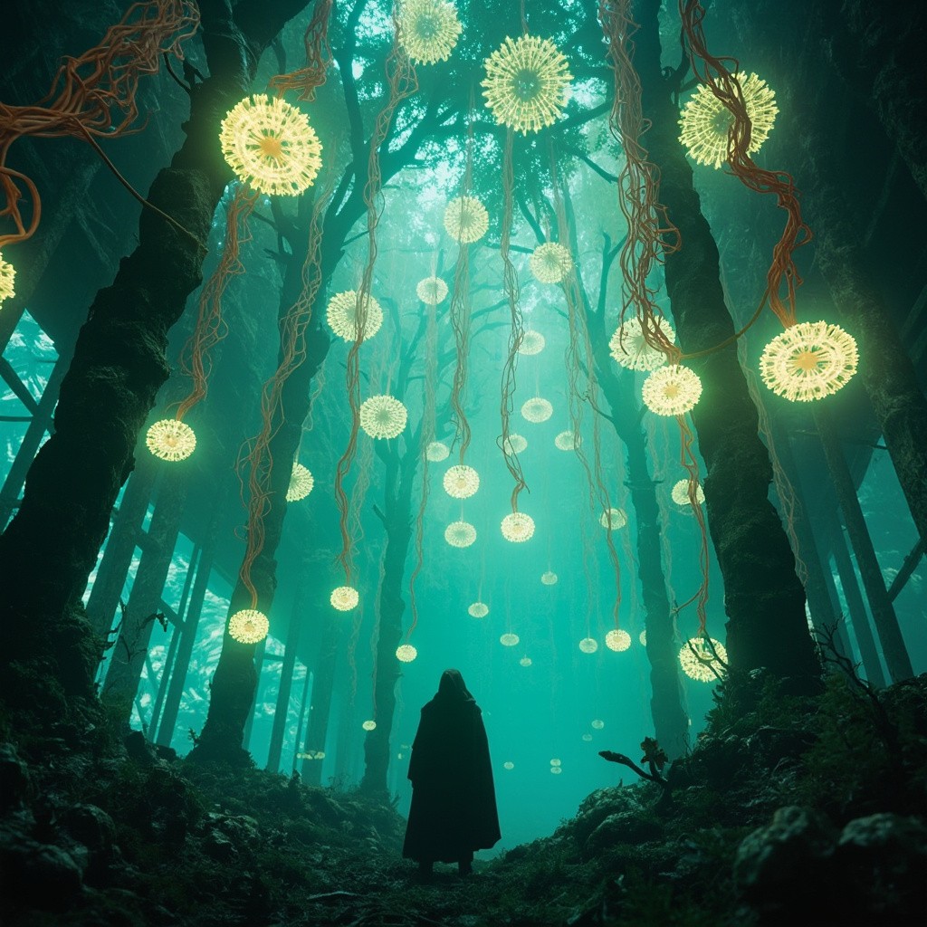 The Lone Figure Under Bioluminescent Alien Forest Canopy