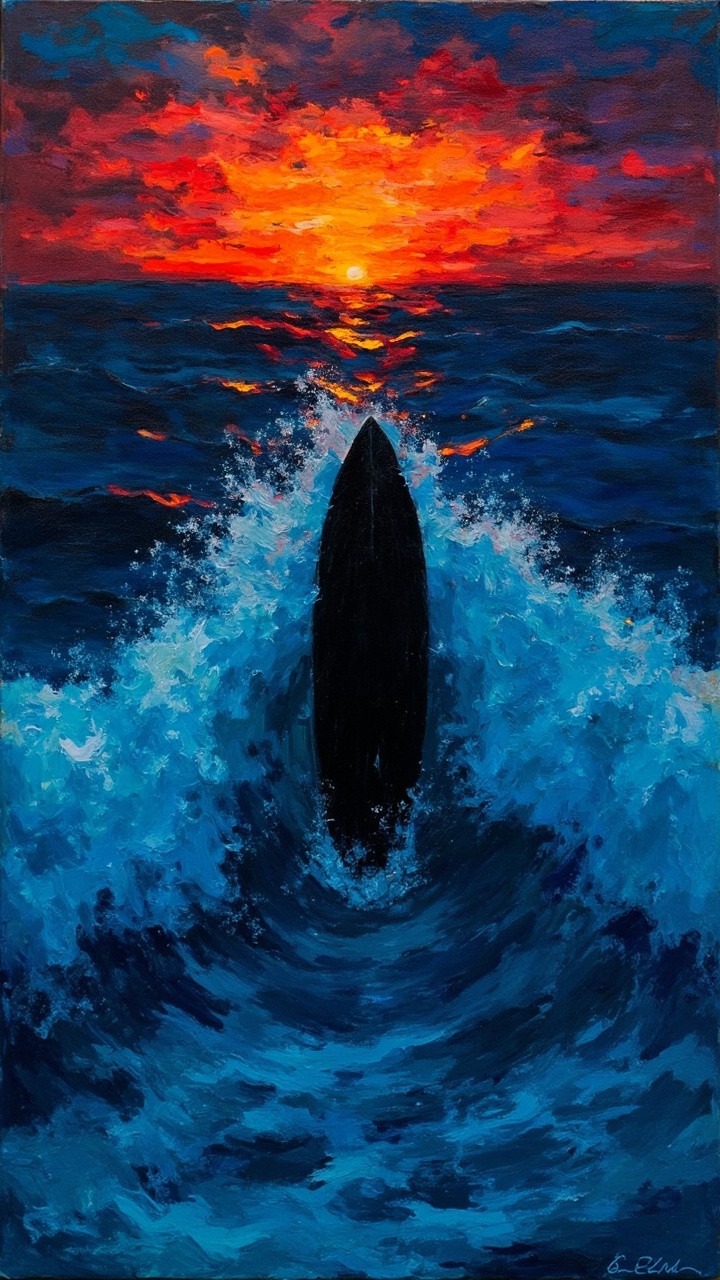 The Lonely Surfboard Riding Pacific Swells at Sunset