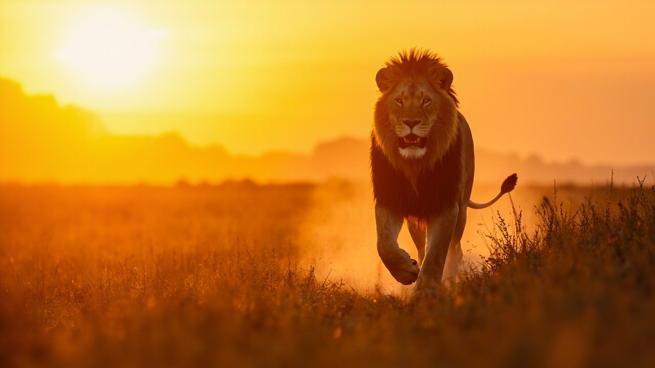 The Majestic Lion Strolling at Savanna Sunrise