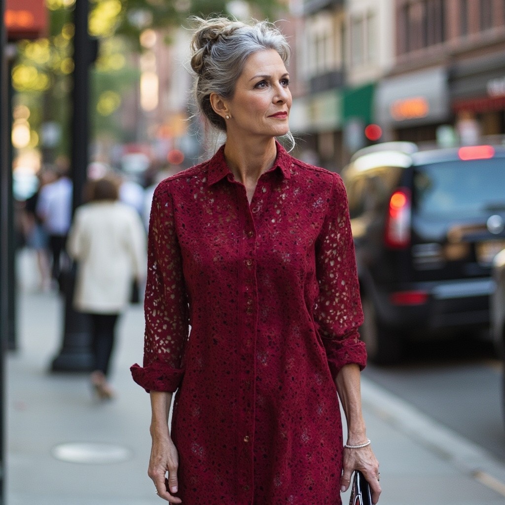 The Mature Lady in Red Shirtdress in City