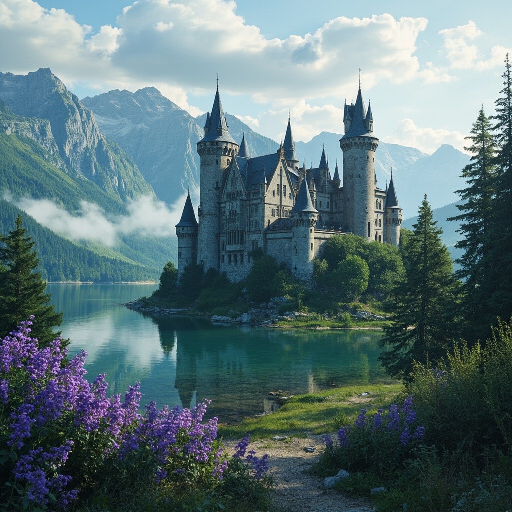 The Medieval Castle by Mountain Lake with Purple Flowers