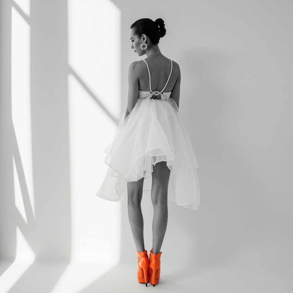 The Model in White Skirt and Orange Shoes