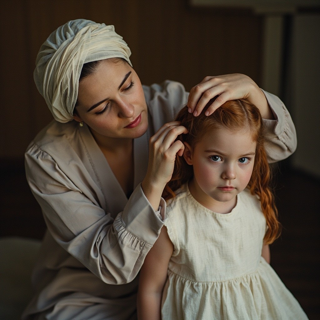 The Modest Mother Braiding Her Little Redhead Daughter