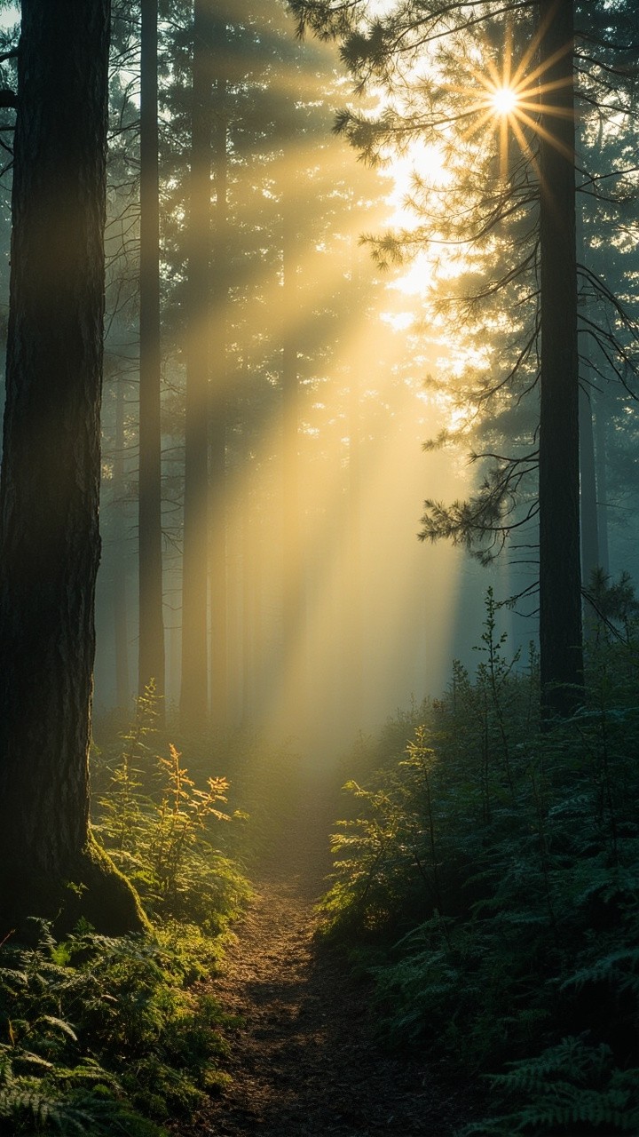 The Morning Light Shines in a Dense Pine Forest