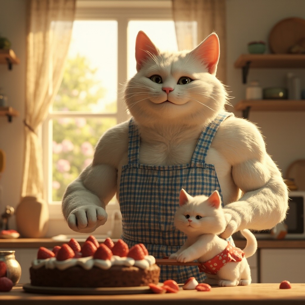 The Muscular Cat and Kitten's Morning Cake Baking