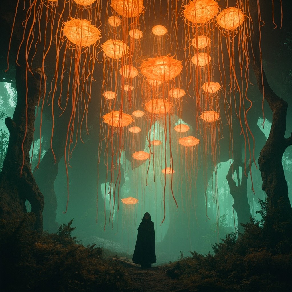 The Mysterious Figure in Surreal Sci-Fi Forest