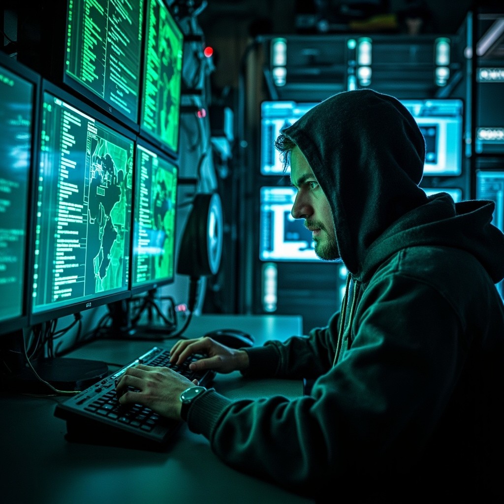 The Mysterious Hacker in a Neon-Lit, Tech-Filled Room