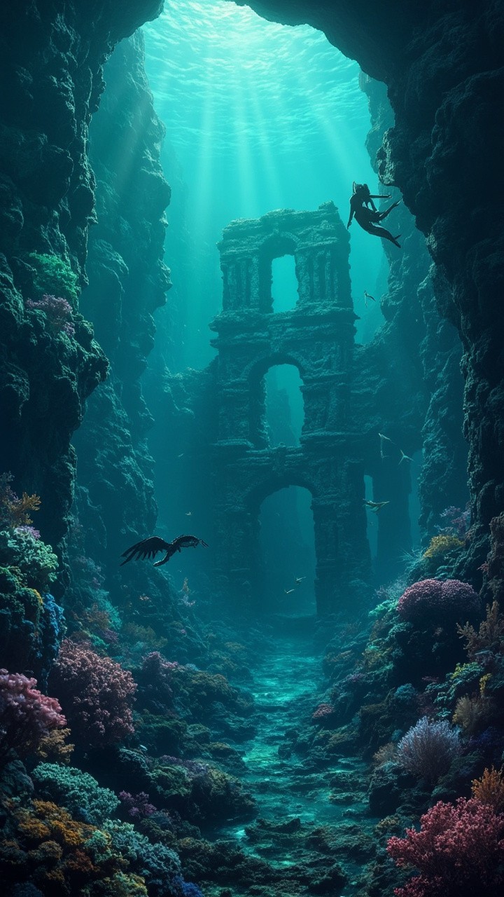 The Mystical Underwater Kingdom with Mermaids and Ruins