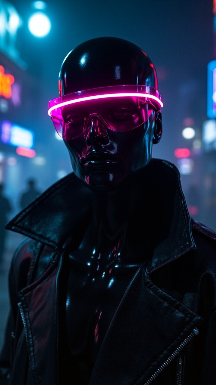 The Neon-Lit Cyberpunk Mannequin in Foggy Darkness