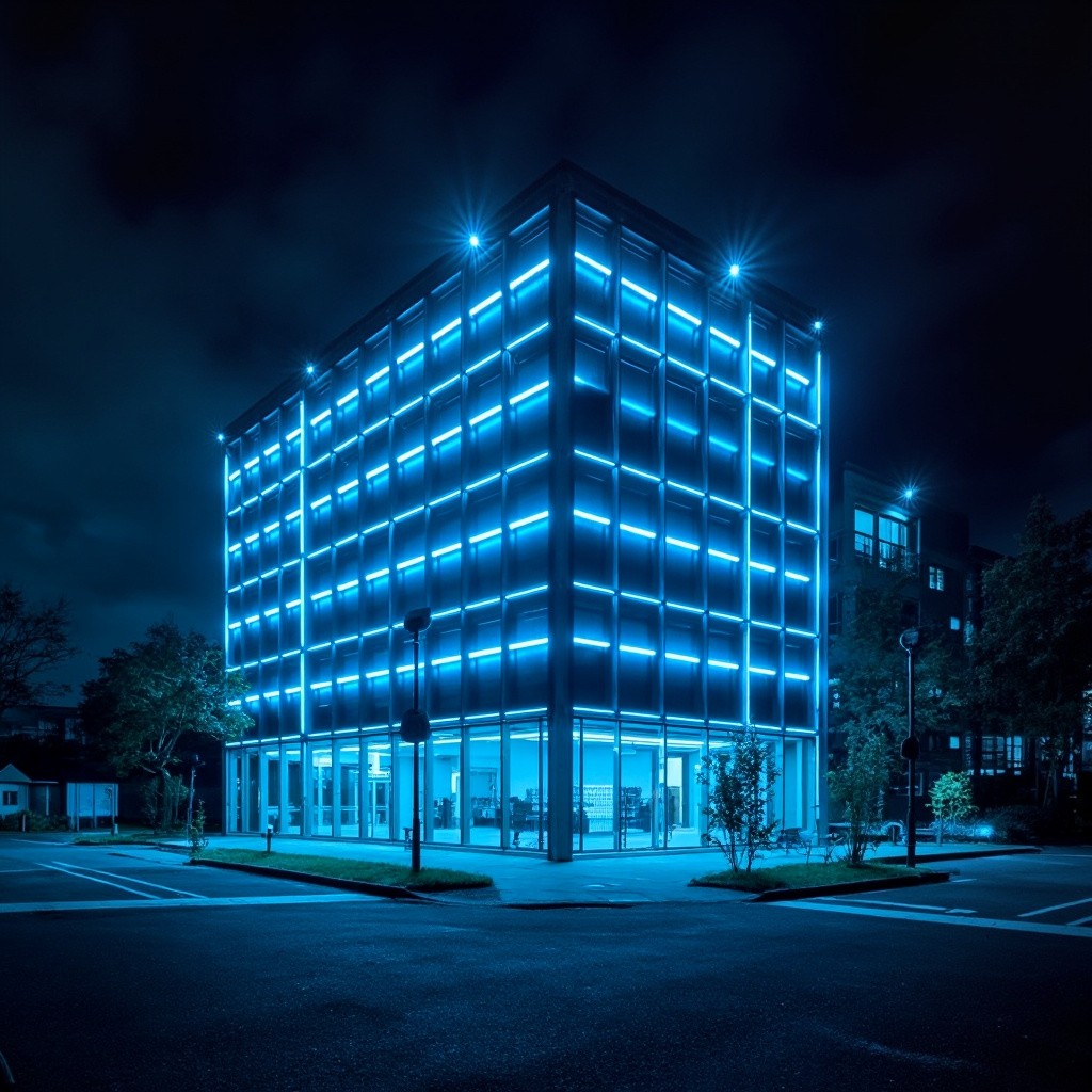 The Office Building Glowing Blue at Night