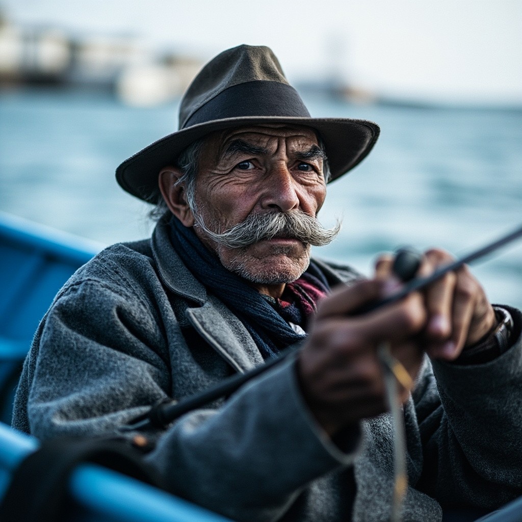 The Old Fisherman Fishing in a Blue Boat