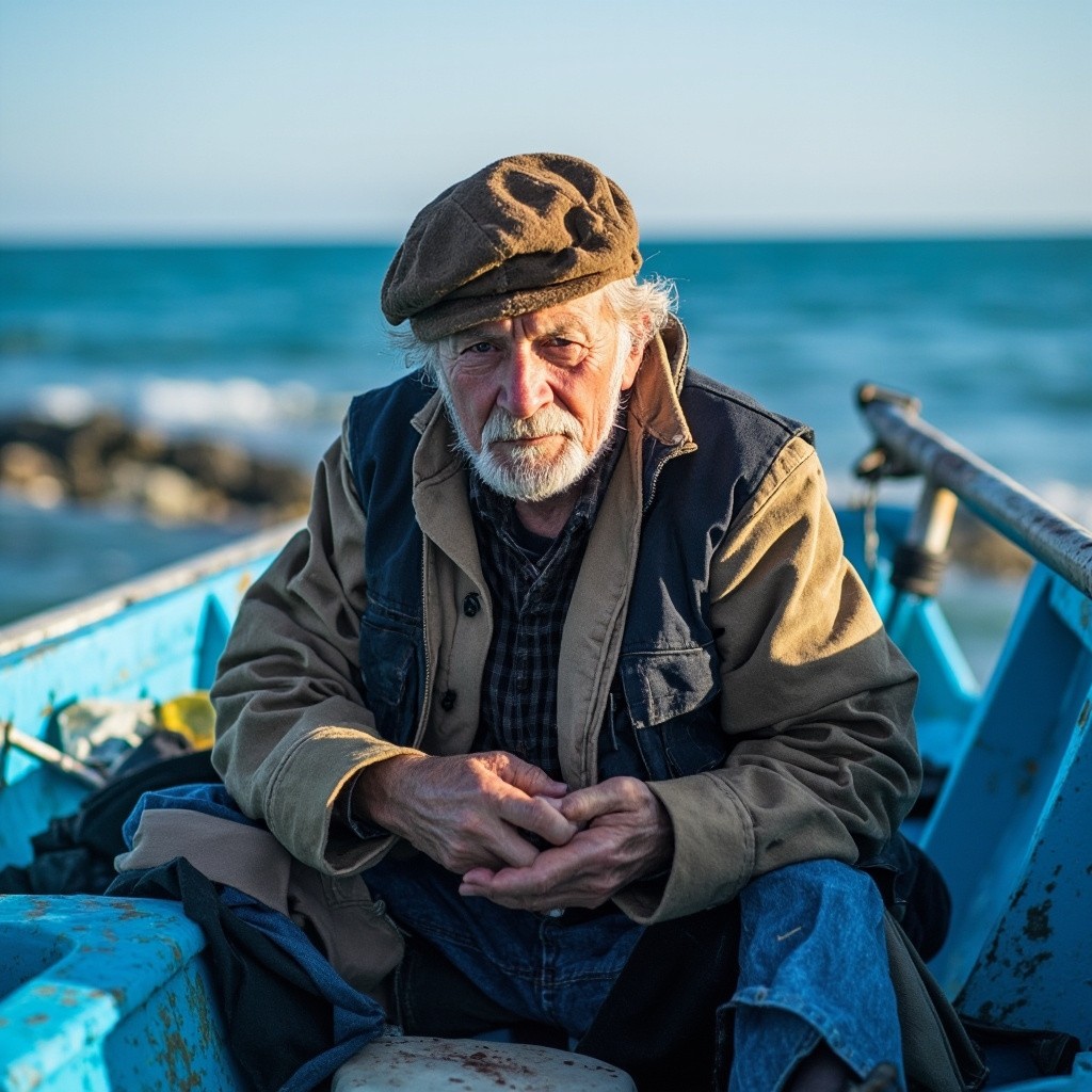 The Old Fisherman in a Blue Boat