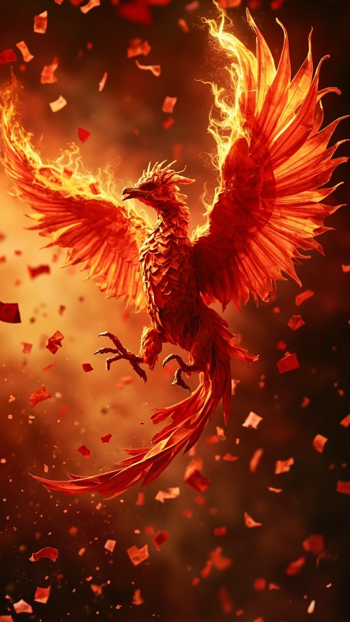 The Phoenix's Fiery Origami Winged Flight
