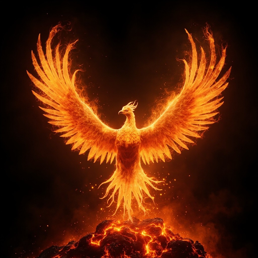The Phoenix Rebirth from Lava at Sunrise