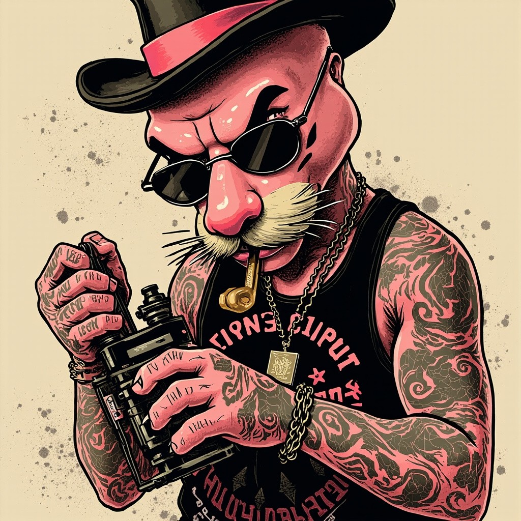 The Pink Panther Gangster with Tattoo Machine Illustration