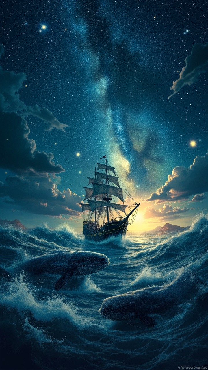 The Pirate Ship Sailing in Starry Ocean Sky
