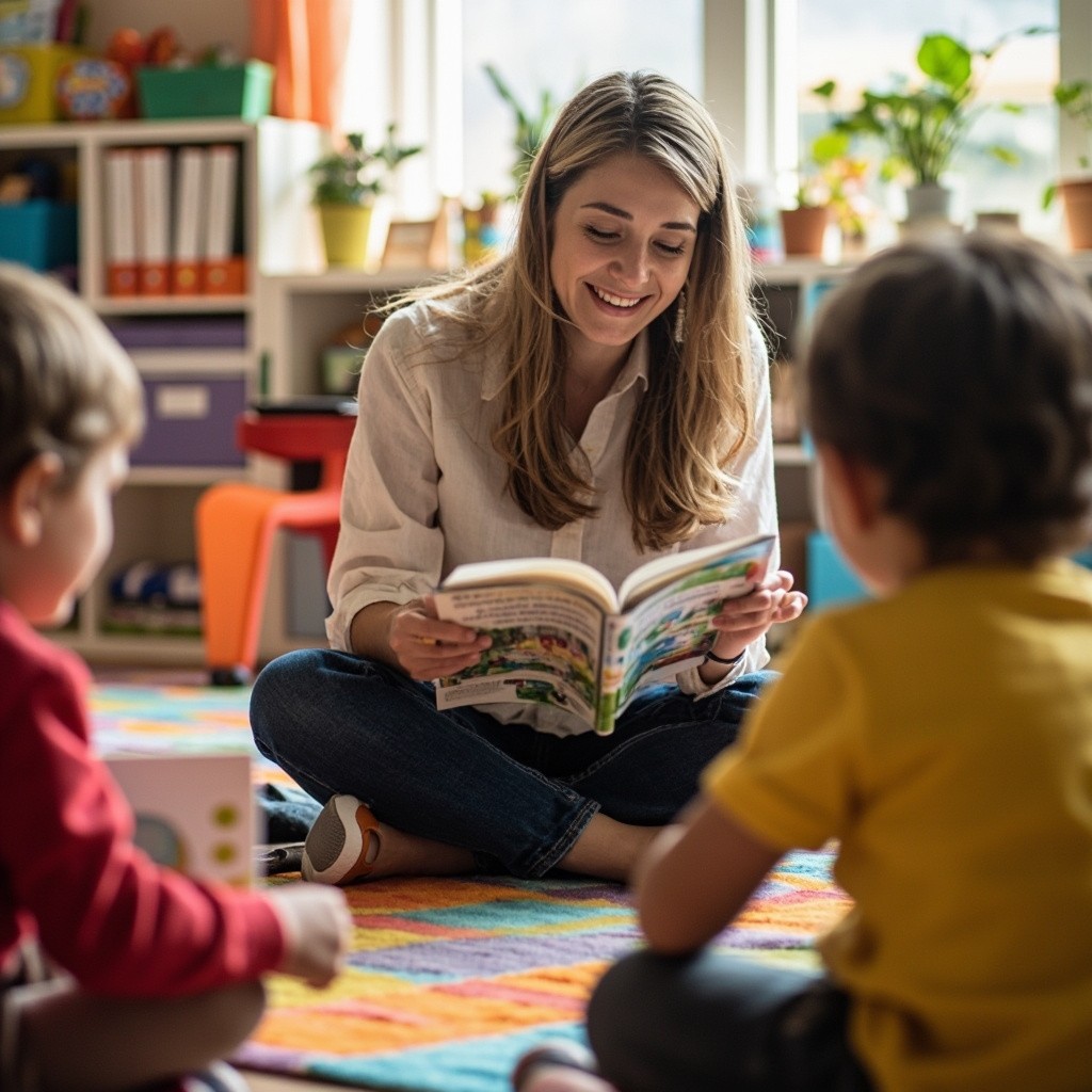 The Preschool Teacher Reading to Seated Kids