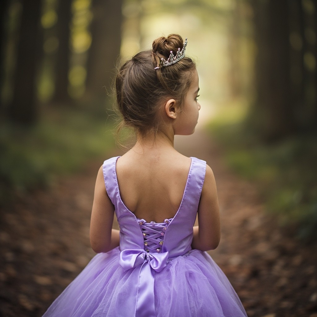 The Princess Posing in a Forest in Lavender Dress