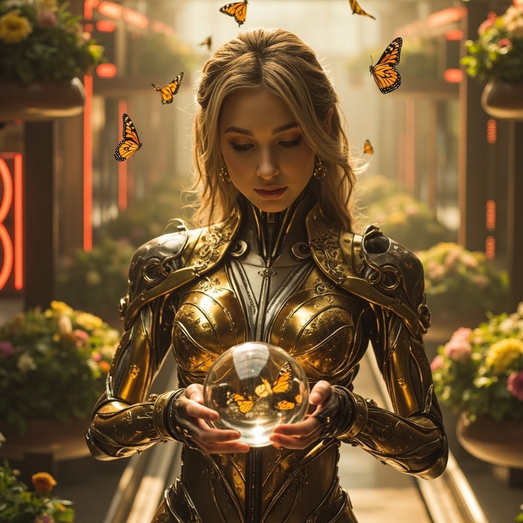 The Regal Android in a Futuristic Butterfly Garden